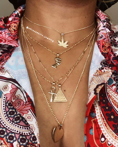 Vintage Women Gold Color Necklace Heart Cross Pyramid Ancient Egyptian Pharaoh Ankh Pendant Long Necklace Layered Choker Jewelry